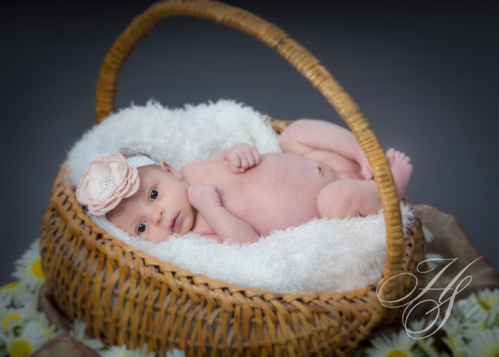 A baby in a basket with flowers on it