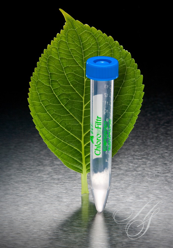 A tube of liquid is sitting on top of a green leaf.