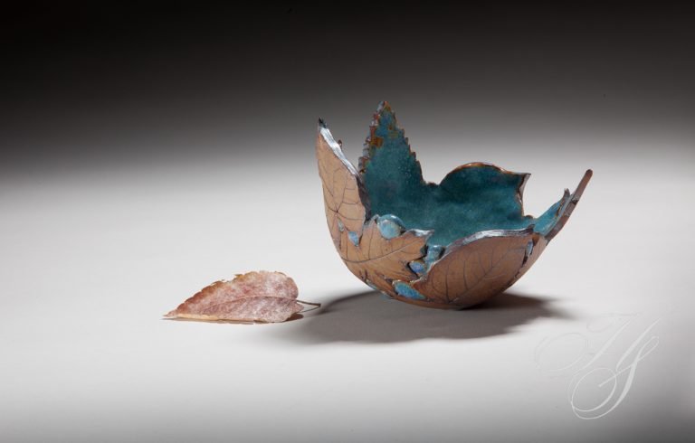 A broken egg shell with a leaf on the bottom.