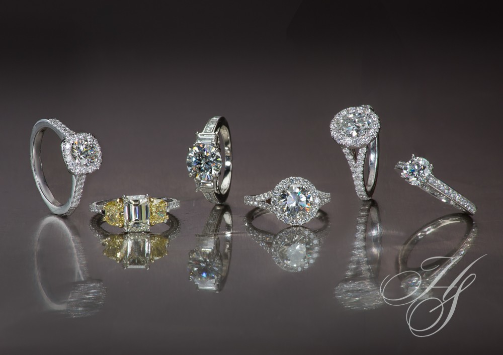 A group of different types of diamond rings.