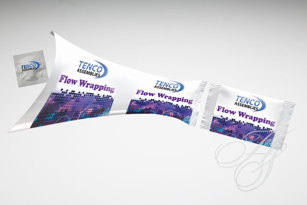 A white paper bag with purple and blue lettering.
