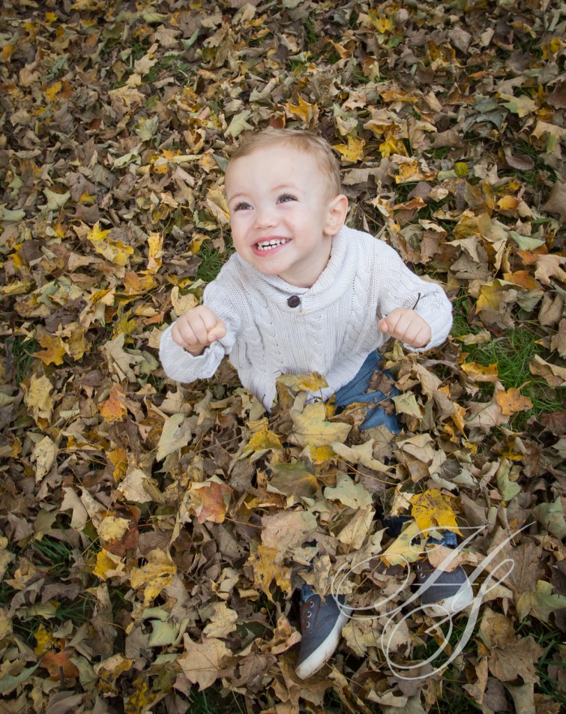 A baby is sitting in the leaves on the ground.