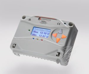 A white device with an orange button on it.